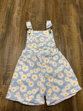 Blue Daisy Print Kids Overalls Shorts - Floral Suspender Romper 2-3 Year Old‎